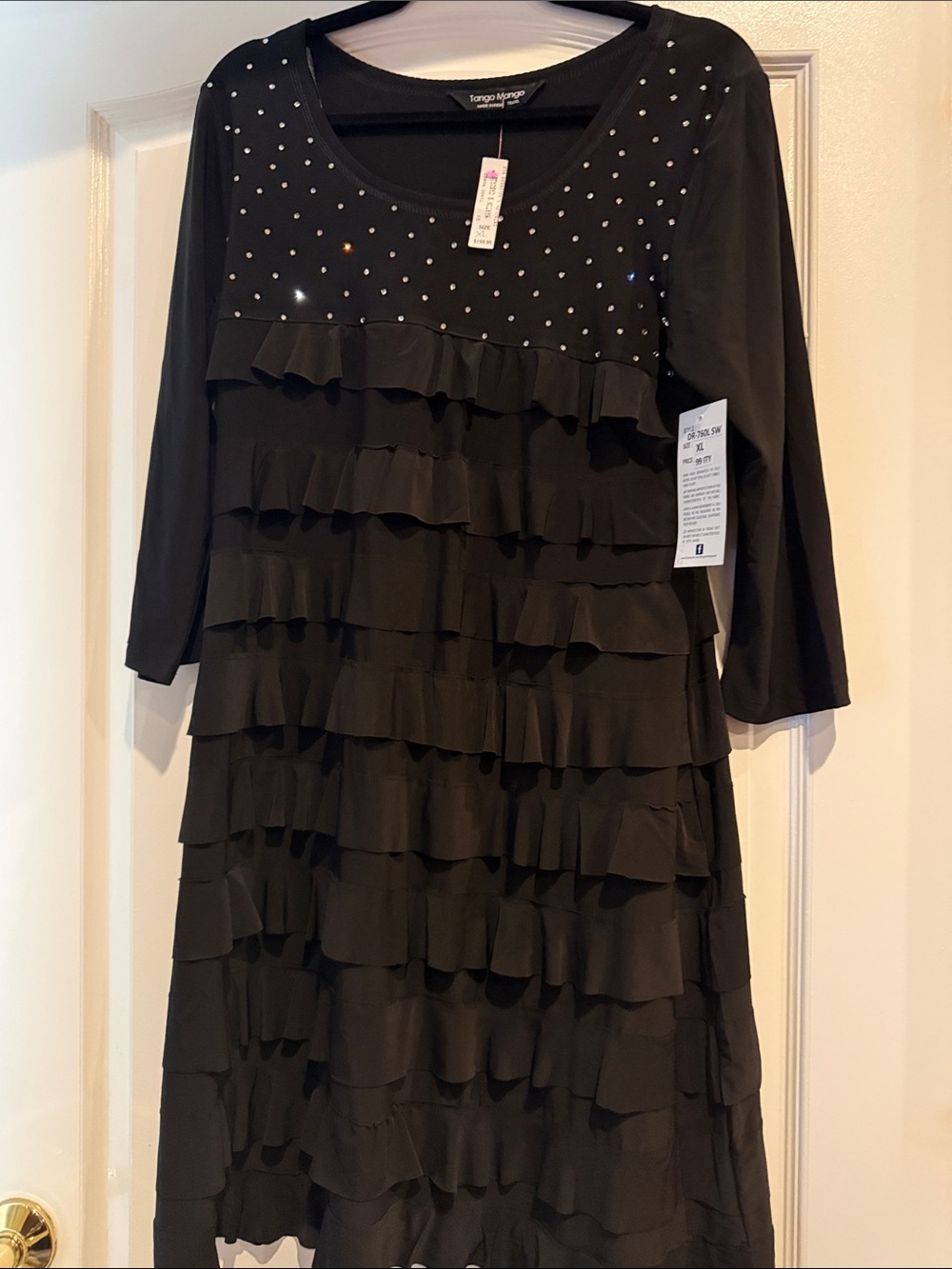 TANGO MANGO Black Ruffled Dress with Rhinestone Yoke SIZE XL BNWT